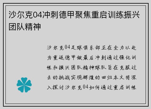 沙尔克04冲刺德甲聚焦重启训练振兴团队精神