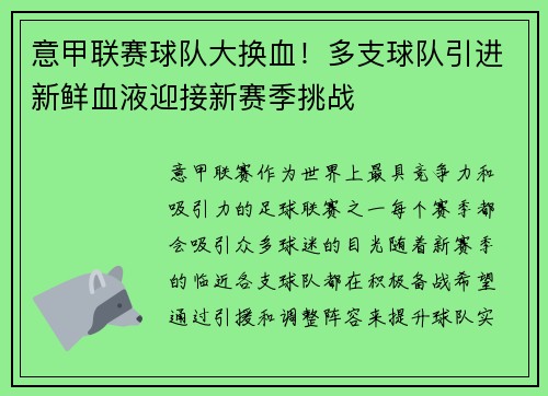 意甲联赛球队大换血！多支球队引进新鲜血液迎接新赛季挑战