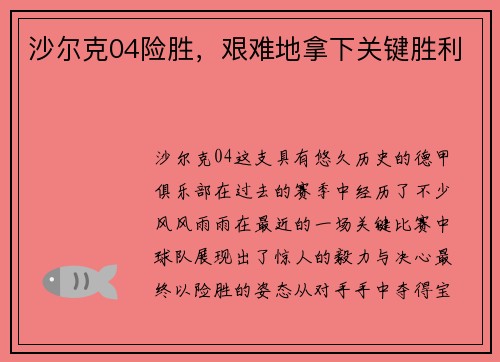 沙尔克04险胜，艰难地拿下关键胜利
